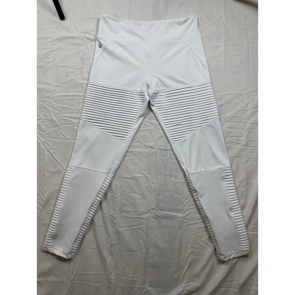 Workout Empire Womens White Moto Ribbed High Waisted Leggings Size Large - Picture 2 of 8